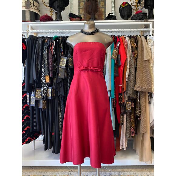 vintage 1990s red silk strapless dress a-line bow waist size small y2k gilmore - Picture 1 of 8